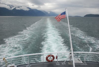 The traveling time aboard the M/V Columbia from Juneau to Skagway is about five hours, not including a one hour stop in Haines