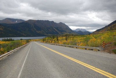 Klondike Highway with Tagish Lake in the background