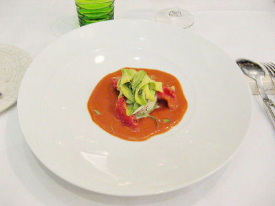 Crab and avocado tian with redpepper and cucumber gazpacho
