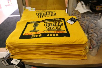 A stack of Terrible Towels for sale in Honus Wagner's store.