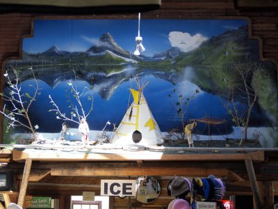 Displays inside the grocerystore at Two Medicine there are Blackfeet themes...