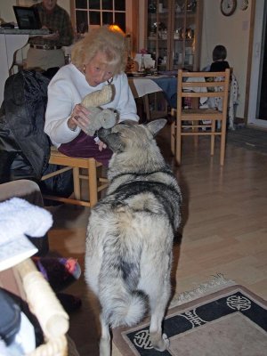 Mary Lee shares a squirrel w/ Pesky.