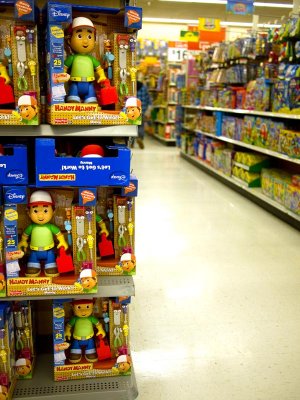 Bob the Builder (Oops! Handy Manny)sits at the head of a toy aisle...bring those kids in!