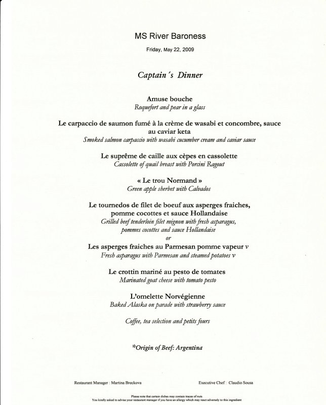 River Baroness - Menu