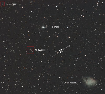 An asteroid  in the constellation Taurus, captured while imaging the Crab Nebula