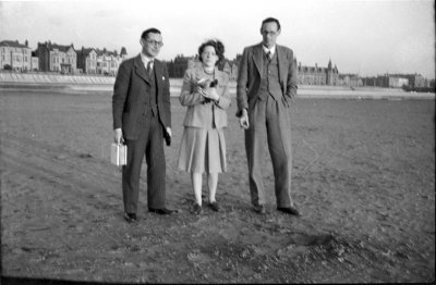 Dad with friends Tom Wall and Pat Shirley (later married) on beach at Southport in 1949 for Round Table 01_negMscan (Medium).jpg