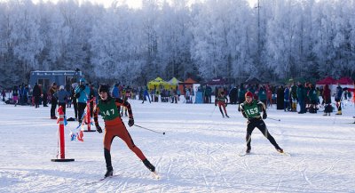 At the start, finish, and exchange part of the race