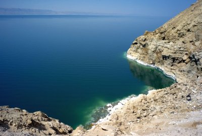 Dead Sea with salt crystal on shoreline