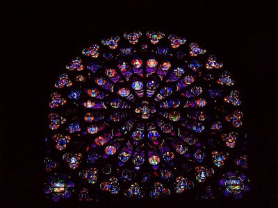 Interior view of stained glass window Notre Dame Paris