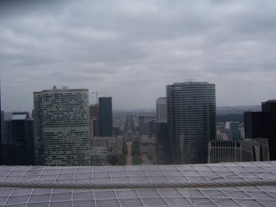 Looking from the roof of the De L Grande Arche toward the Champs Elysees to the Arc De Triomphe