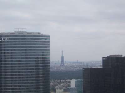 Looking from the roof of the De L Grande Arche toward the Eiffel Tower