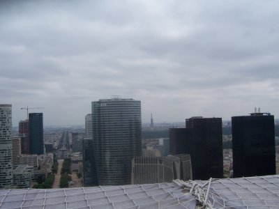 Looking from the roof of the De L Grande Arche toward the Eiffel Tower