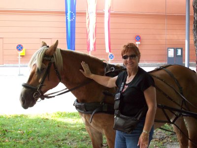 Sandy and the horse power for our carriage ride in Innsbruck AUS