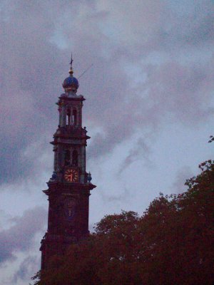 Canal Cruise, bell tower of the largest Protestant Church Amsterdam NL