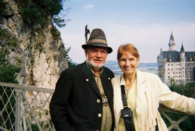 Sandy and a friendly troll on the Marie Bridge with Neuschwanstein Castle in the background AUS