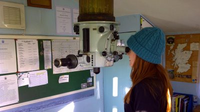 Anne looking through the Periscope at Elie Starters Hut