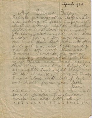 Jean's letter aged 8, 1922 page 1