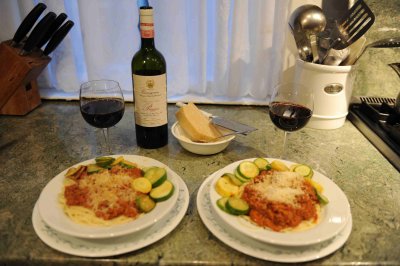 Delicious pasta Bolognese and zucchini and Piaggia wine.jpg