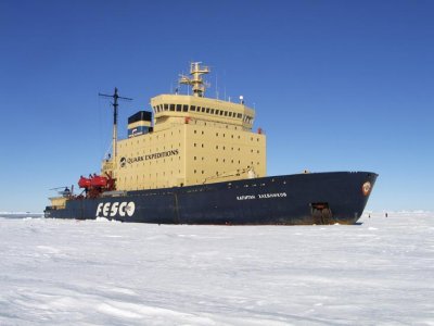 Kapitan Khlebnikov parked in fast ice 9.6km (6mi) from the Emperor rookery