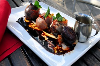 Classic German Appetiser, Roasted Figs Stuffed With Gorgonzola and Wrapped in Prosciutto, Trier