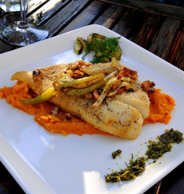 Classic German Dish, Roasted Turbot with Caramelised Fennel and Butter Squash Puree, Schoental