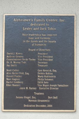 Alzheimer's Family Center Building Placque with Gagnon on it