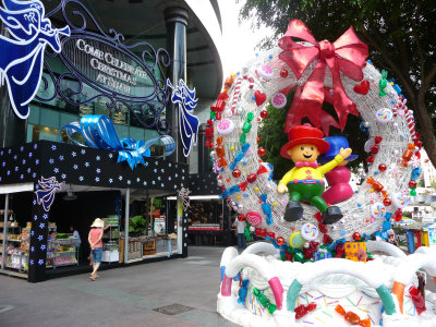 Close-up of the Christmas decorations at the corner of Orchard Road and Paterson Road in Singapore.