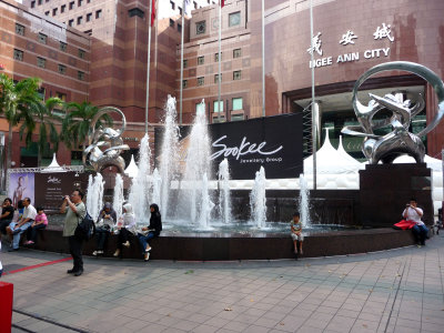 Close-up of the Ngee Ann City fountains and sculptures.