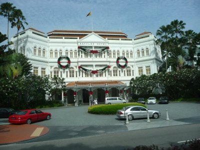 View of the colonial-era Raffles Hotel where such luminaries as Somerset Maugham and Noel Coward stayed.