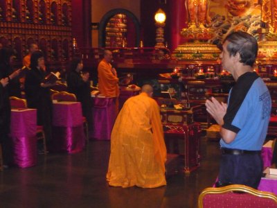 This Chinese Buddhist monk was at prayer in the temple.