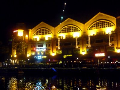 More Singapore Harbor scenes illuminated at night.