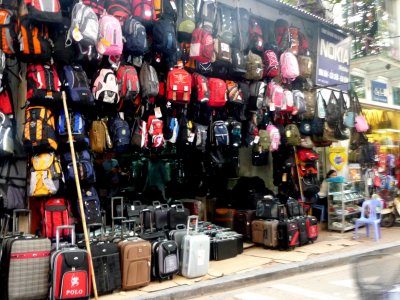 A backpack and luggage store in Hanoi's Old Quarter.