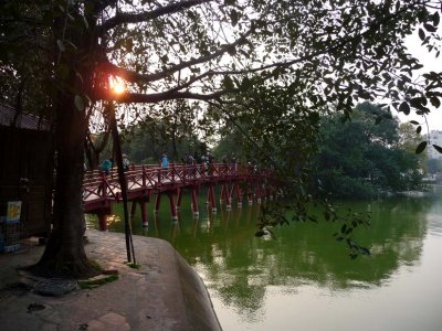 Hence, the lake got its present name. View of the beautiful wooden Huc Bridge at Hoan Kiem Lake.