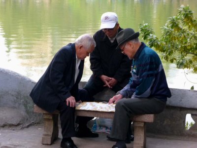 These old men were intently playing a game on the Ngoc Son Temple grounds.