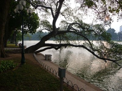 Hoan Kiem Lake, which is the center of Hanoi both literally and figuratively. The name means Lake of the Returned Sword.