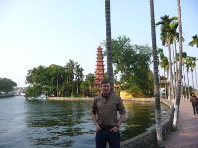 Me posing in front of the Tran Quoc Pagoda and West Lake.