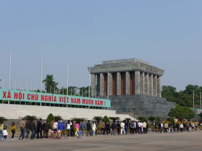 Exterior view of people lining up to go into Ho Chi Minh's mausoleum (I'm 4th from the back in that line).