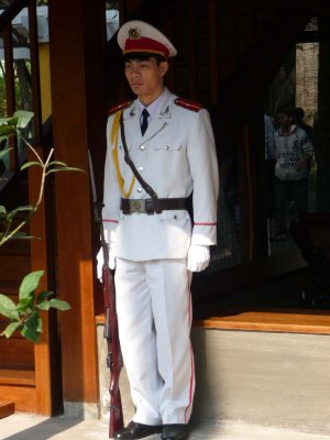 This soldier was guarding the Ho Chi Minh stilt house.