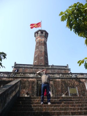 Me saluting in front of the ancient tower.