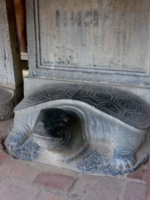 A turtle carving in the temple.  It is Buddhist symbol that can signify longevity.