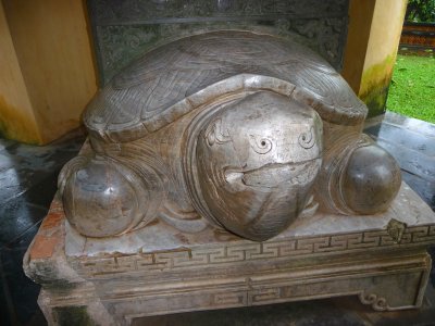 In 1715, Lord Nguyen Phuc Chu erected this marble tortoise with a stele on its back. A tortoise symbolizes long life.