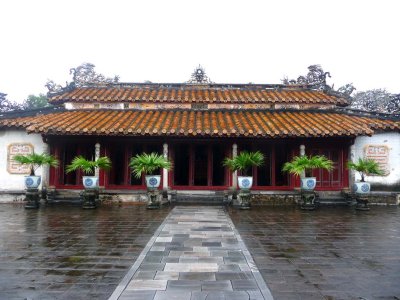 View of the Hung Mieu temple and the courtyard in front of it.