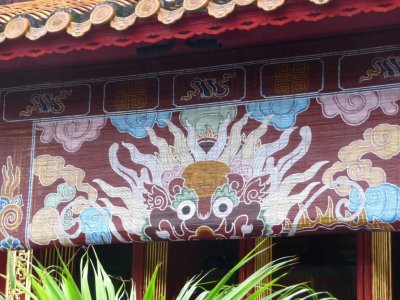 Beautiful dragon designs on these unusual window shades at Th Mieu.