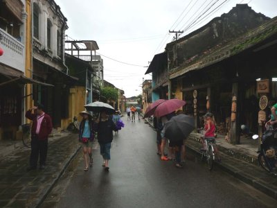 View of a rainy Tran Phu Street in Hoi An.