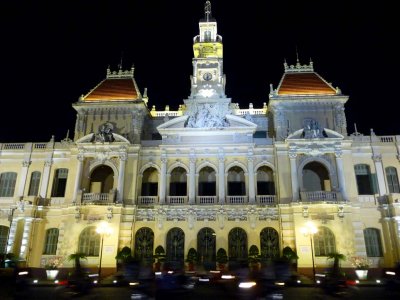 View of Ho Chi Minh City Hall at night. It was built in 1902-1908 in a French colonial style for the then city of Saigon.