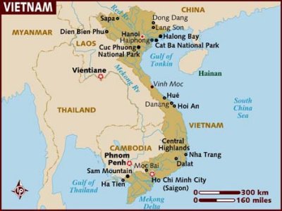 Map of Vietnam with the star indicating Ho Chi Minh City (which is close to the Cu Chi Tunnels).