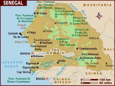 Map of Senegal with the star indicating Djoudj National Bird Park, Senegal.