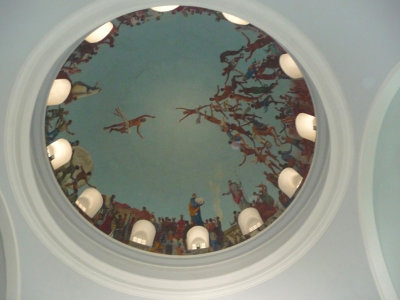 In the cathedral's dome is a mural depicting scenes of slavery in Africa.