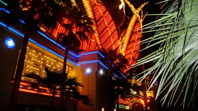 Dazzling neon faade of the Flamingo Hotel & Casino.