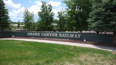 Sign for the Grand Canyon Railway in Williams, Arizona, which travels from there to the South Rim of the Grand Canyon.